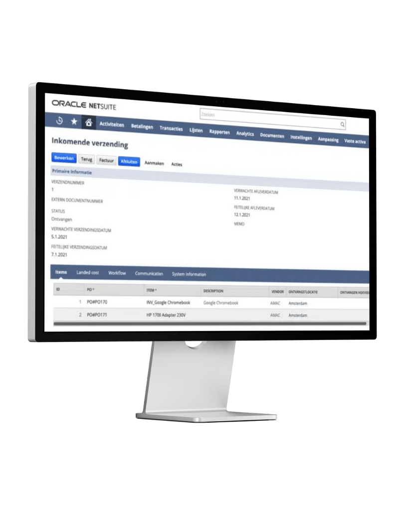 NetSuite Voorraadbeheer Inboud Shipment